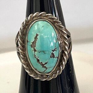 Navajo Silver Turquoise Oval Ring Twisted Rope Native American Size 7 Vintage